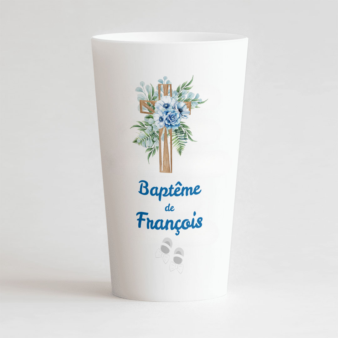 Gobelet Personnalisé Baptême Croix Florale avec Église Bleu – CUP 25-33 Digital